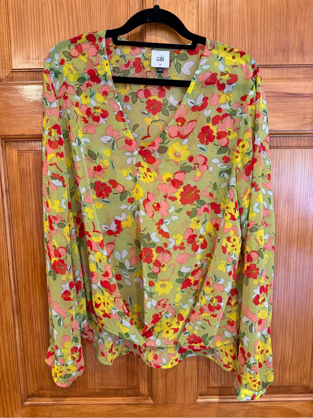 CAbi Olive Multi Floral V-Neck Long Sleeve Blouse